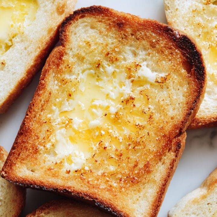 Toasted bread slices with softened butter spread on top.