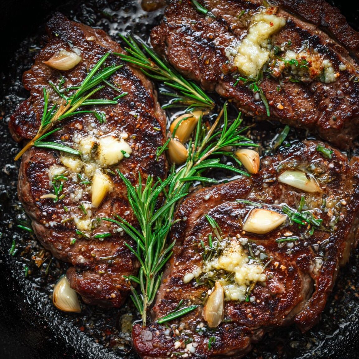 Tuscan steak searing with garlic, rosemary, and butter in cast-iron pan.