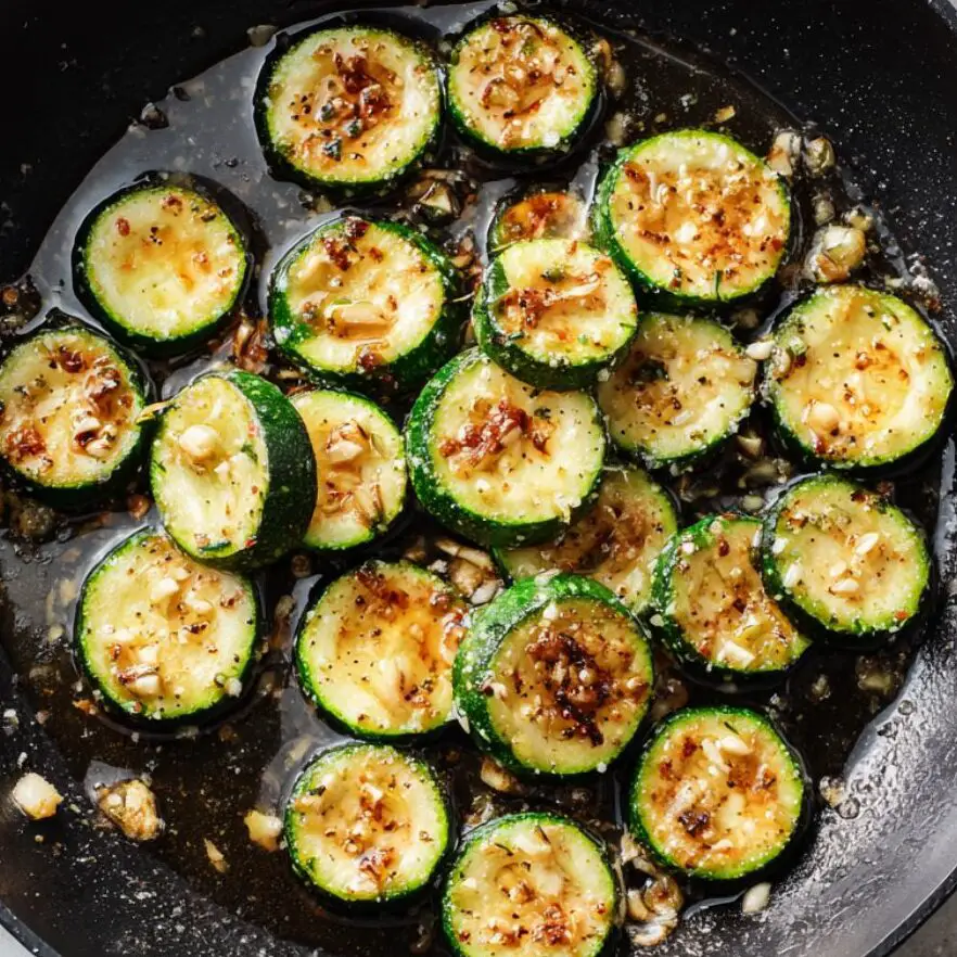 Zucchini slices searing in a skillet with olive oil and garlic.