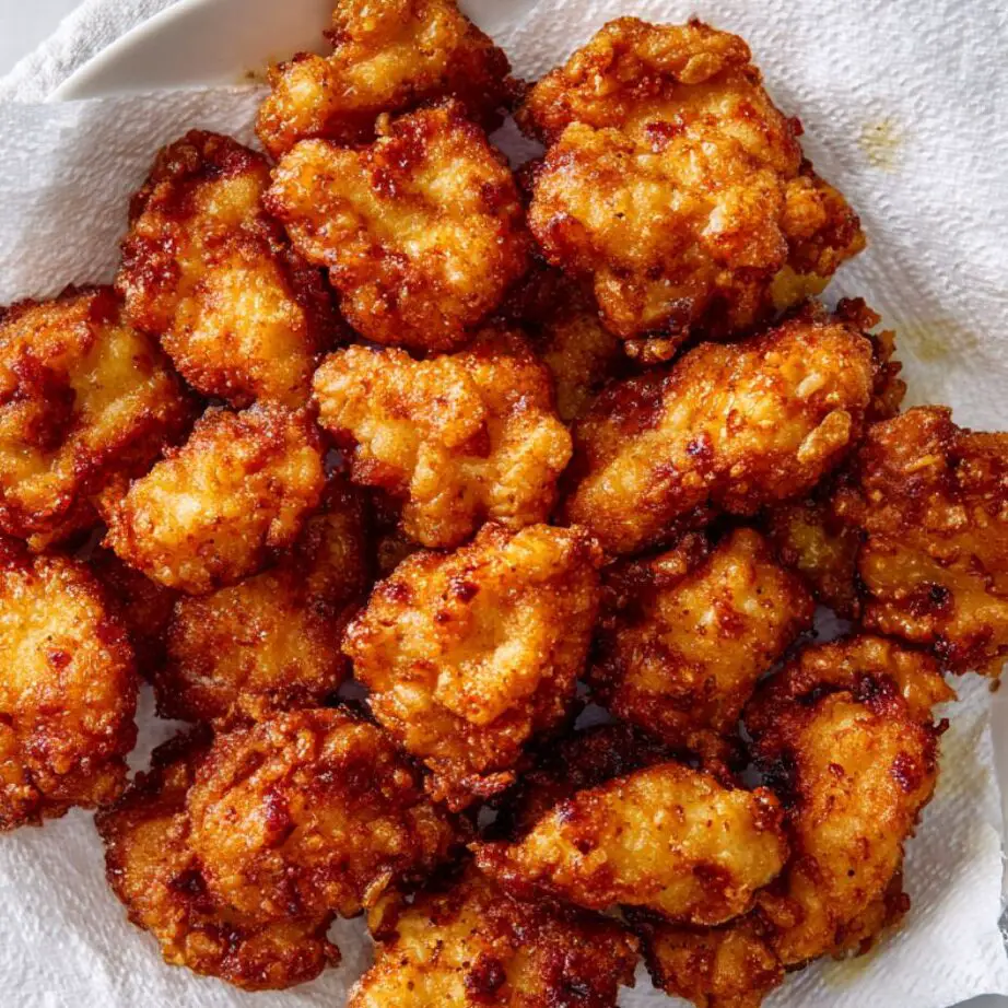 Golden fried chicken bites draining on paper towels.
