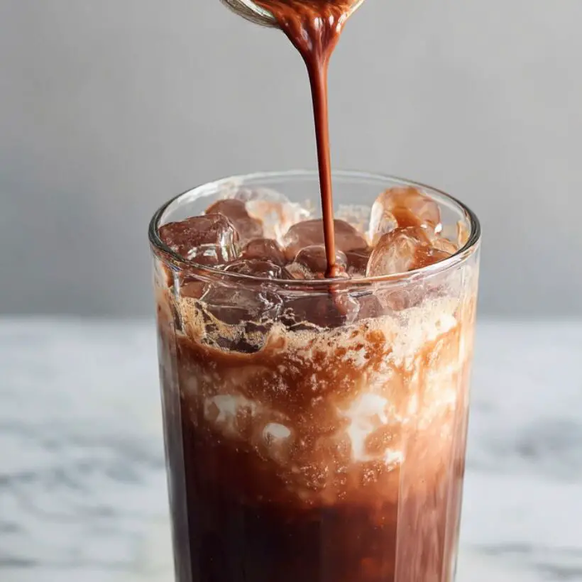 Layering chocolate milk tea over tapioca pearls and ice in a tall glass.