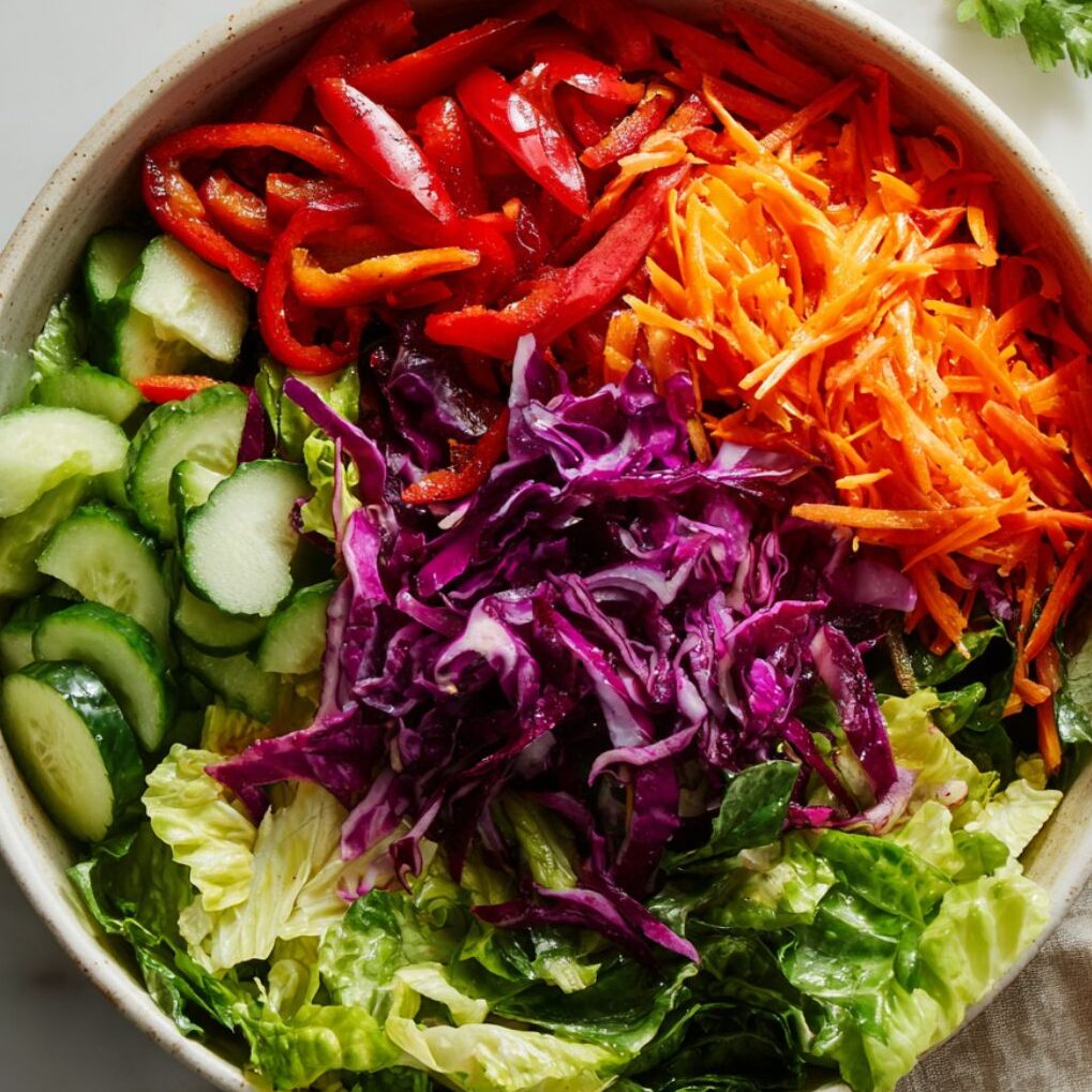 Fresh vegetables in a mixing bowl for the base of Asian sesame chicken salad.

