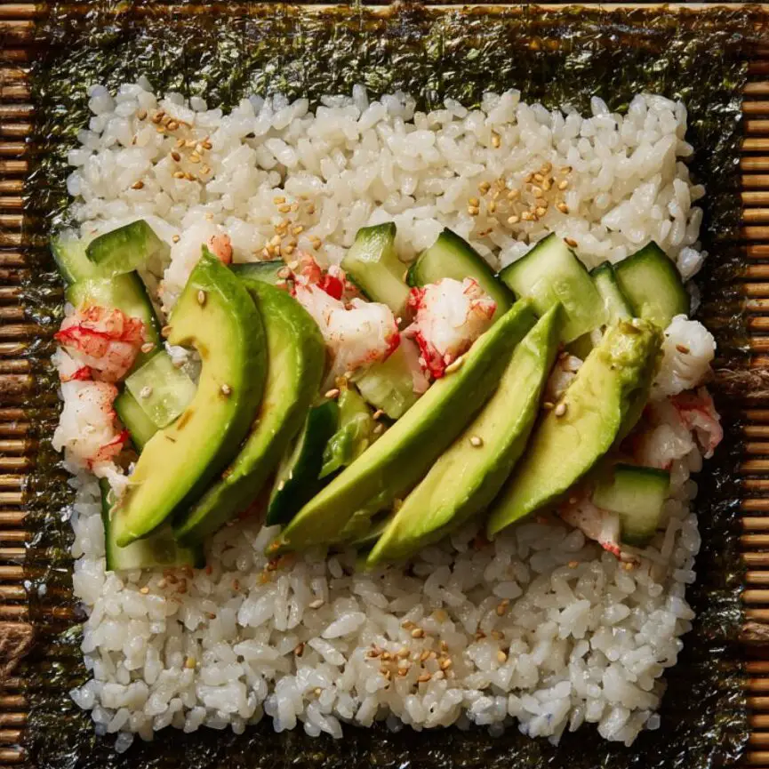 Sushi roll in progress with avocado, crab, and cucumber on a bamboo mat.