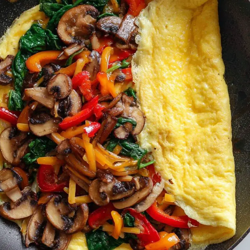 Vegetable and cheese filling on an omelette before folding in a non-stick pan.

