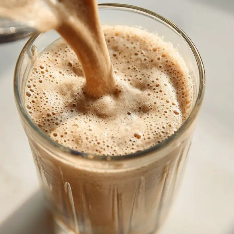 Thick fig smoothie being poured from blender into glass