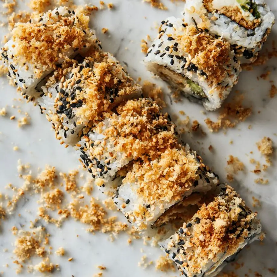 Sushi roll coated in crispy tempura flakes with sesame seeds on a marble counter.