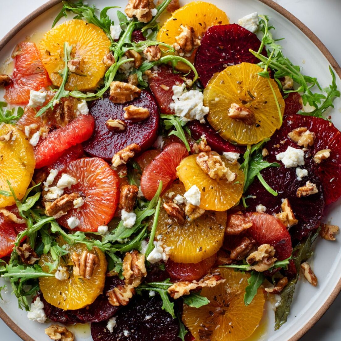 Overhead view of salad being built with greens, beets, citrus, cheese, and nuts