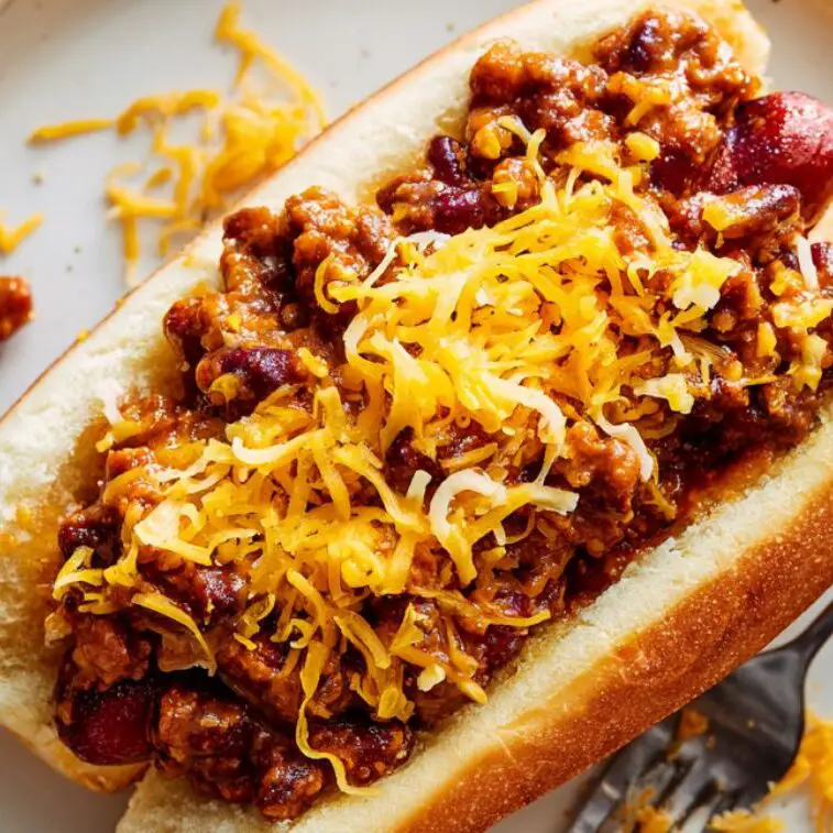Close-up of a hot dog in bun being topped with chili and cheddar cheese