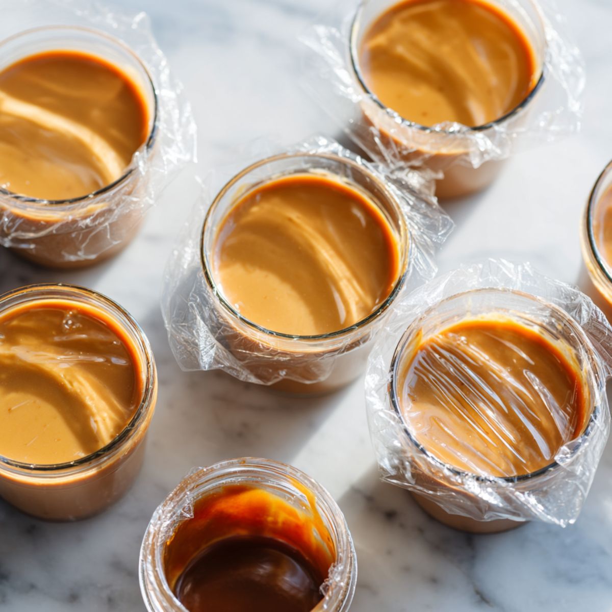 Glass cups of salted caramel pudding covered with plastic wrap ready to chill.