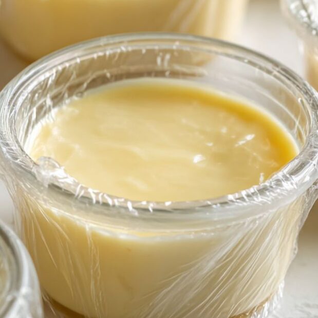 White chocolate pudding poured into ramekins and covered with plastic wrap

