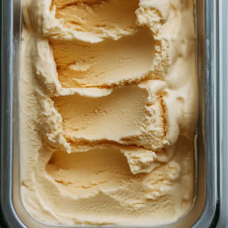 Creamy passionfruit ice cream in an ice cream maker on a white kitchen counter