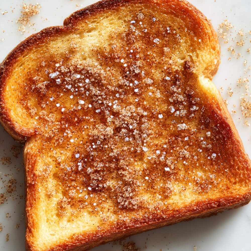 Buttered toast sprinkled with cinnamon sugar mixture on a white counter.