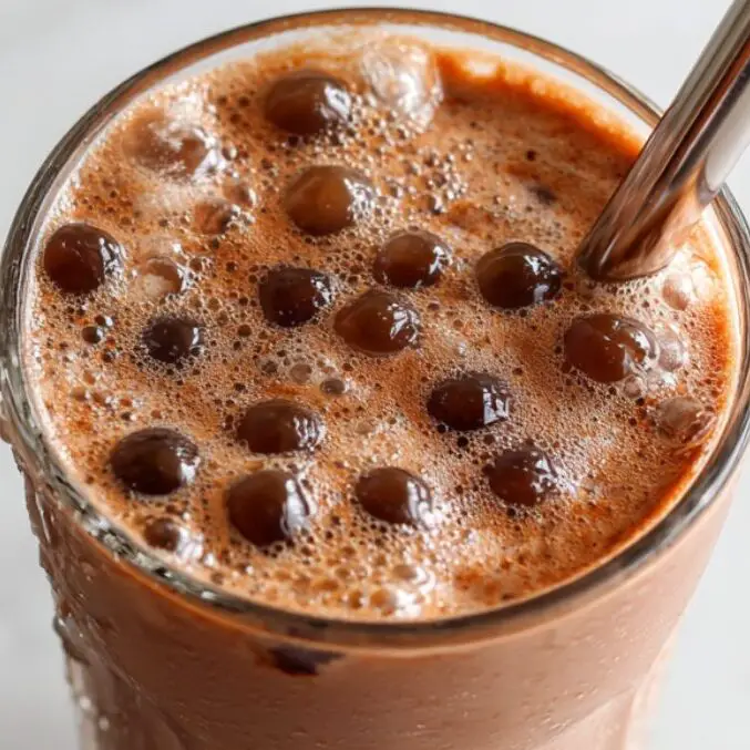 Finished glass of chocolate bubble tea with straw on a white marble counter.