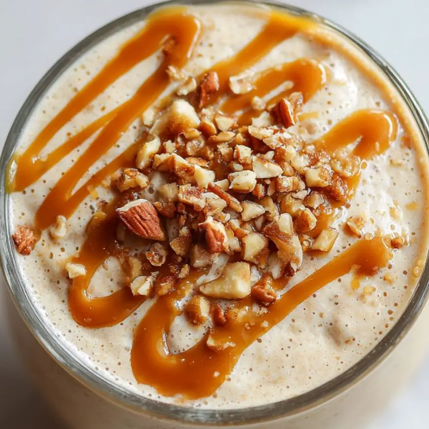 Caramel smoothie in a glass topped with caramel sauce and nuts