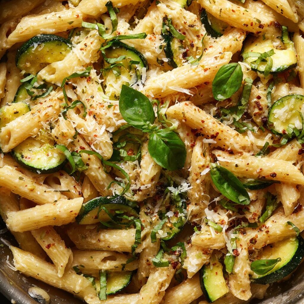 Penne pasta mixed with zucchini, parmesan, and basil in a skillet.