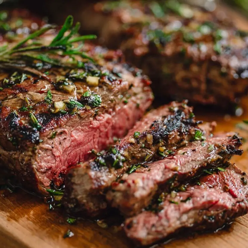 Tuscan steak resting on a board with medium-rare slices before serving.