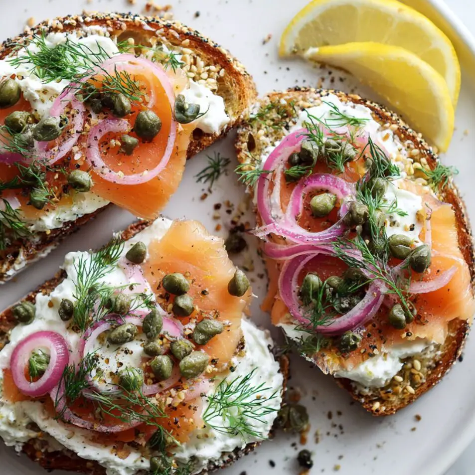 Finished smoked salmon toast with avocado and cucumber on a white plate.