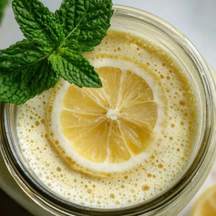 Glass of lemon ginger smoothie garnished with lemon slice and mint on a white countertop

