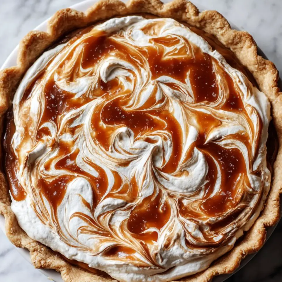 Salted caramel pie topped with whipped cream and flaky sea salt.