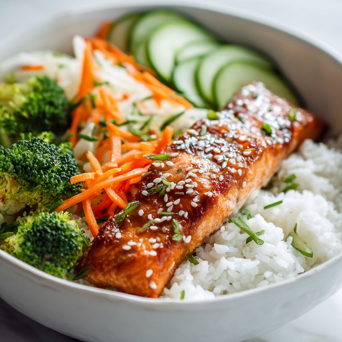 Close-up of a homemade teriyaki salmon rice bowl recipe with glazed salmon, jasmine rice, broccoli, cucumber, and carrots on a white kitchen counter.