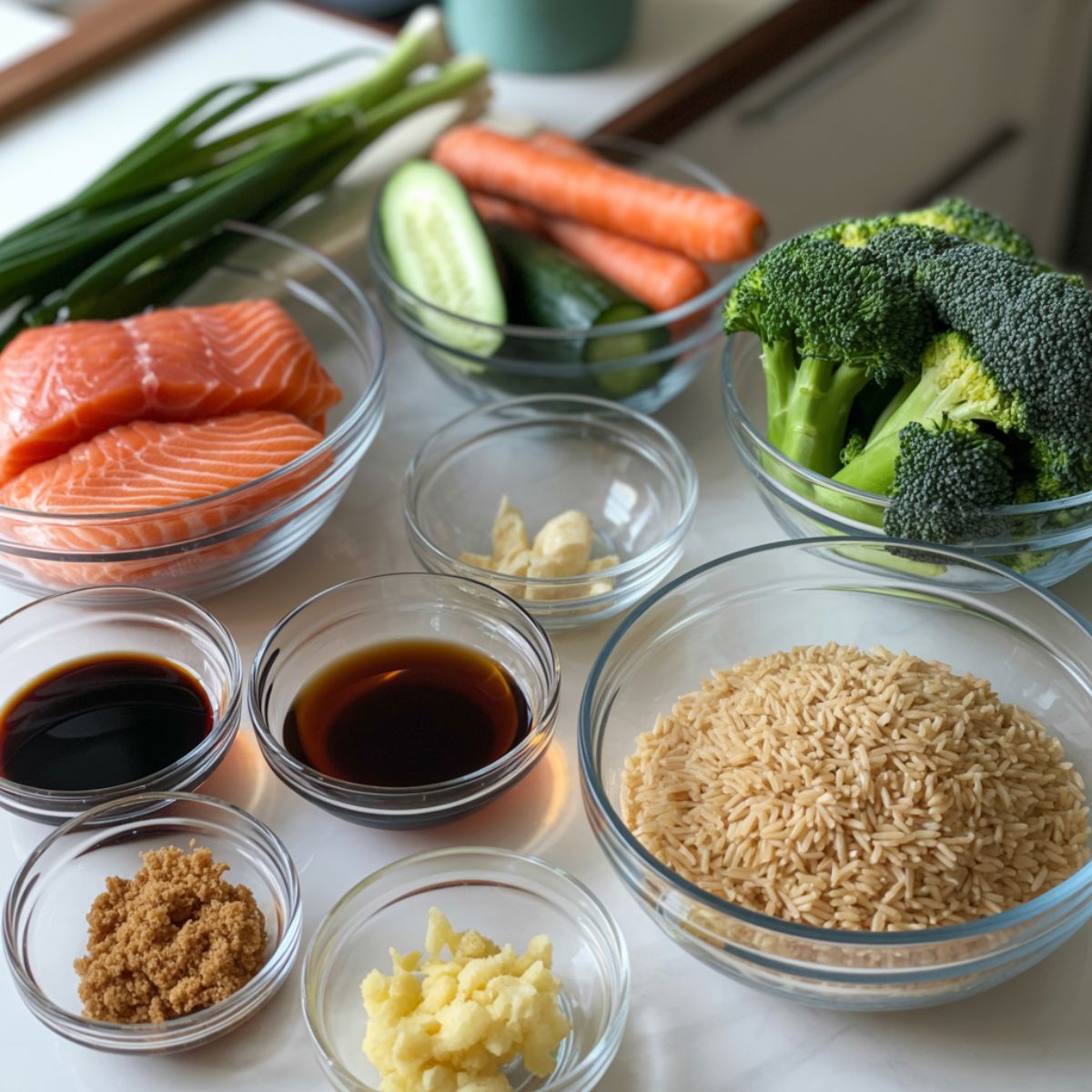 Overhead view of fresh salmon fillets, soy sauce, mirin, brown sugar, garlic, ginger, rice, and vegetables spread out on a white kitchen counter.