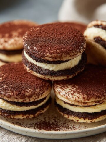 Homemade tiramisu cookies recipe with cocoa dusting on a white kitchen counter