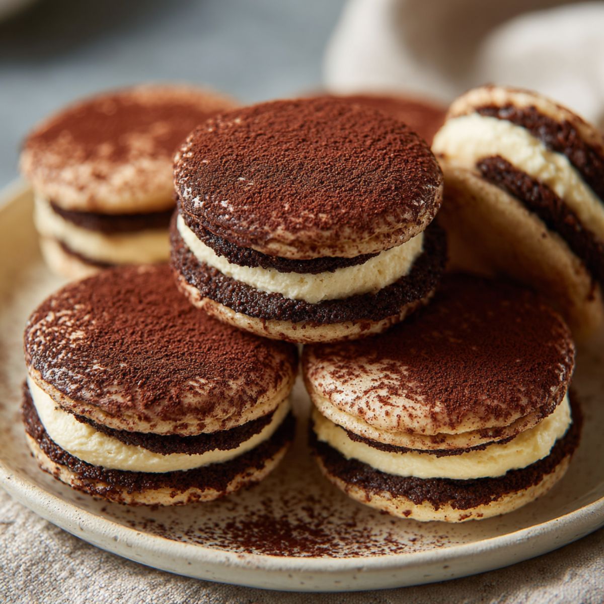 Homemade tiramisu cookies recipe with cocoa dusting on a white kitchen counter

