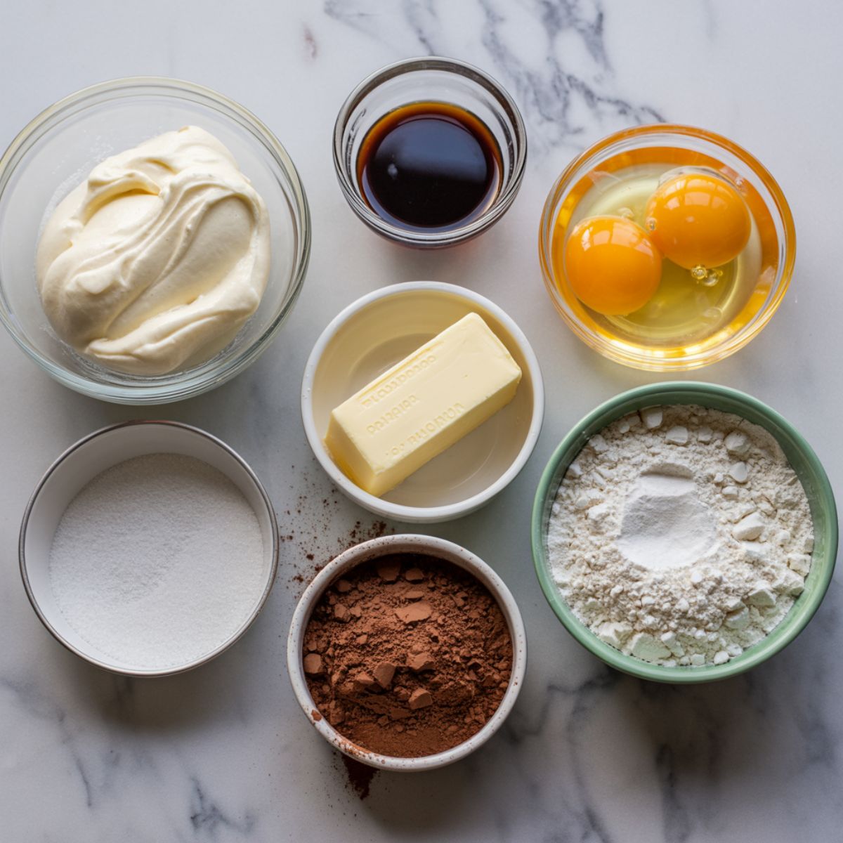 Tiramisu cookie ingredients arranged on a kitchen counter in small bowls

