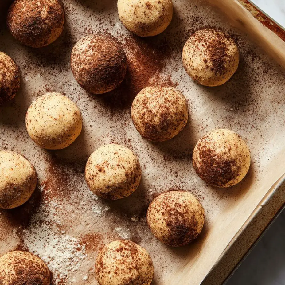 Tiramisu cookie dough balls being shaped and baked on a tray

