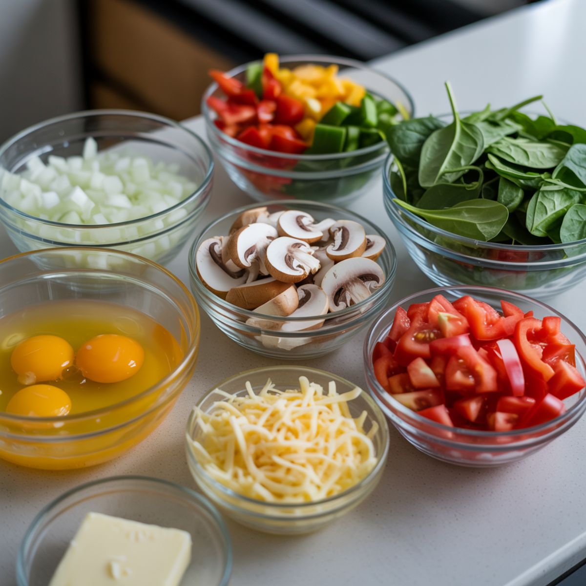 Fresh omelette ingredients laid out on a white kitchen counter in a casual, homemade style.