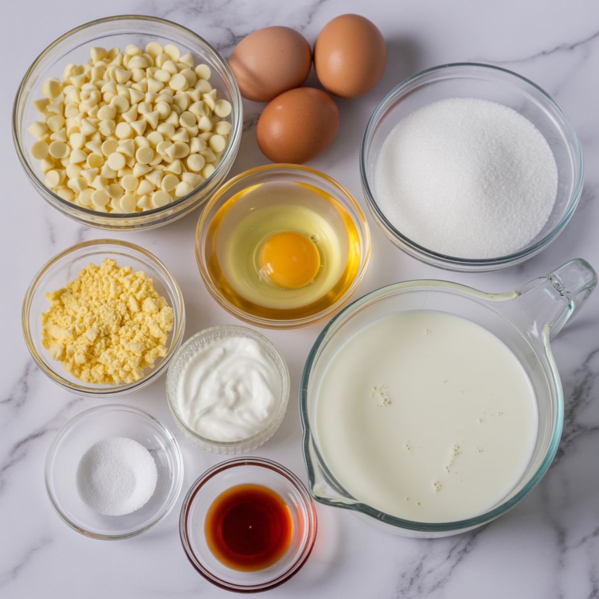 Ingredients for homemade white chocolate pudding laid out on a white kitchen counter

