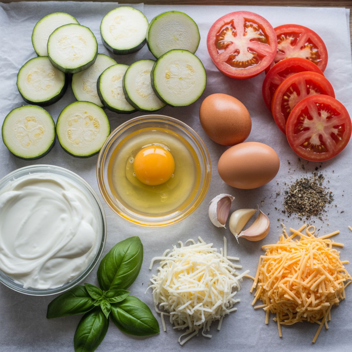 All the ingredients for zucchini tomato pie laid out on a white kitchen counter with a casual homemade feel.

