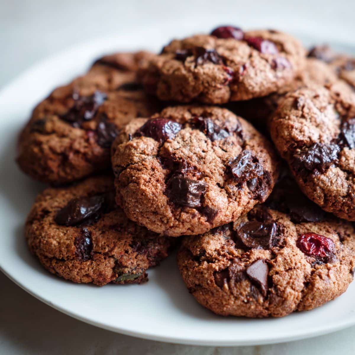 Homemade Black Forest cookies recipe with chocolate chunks and cherries on a white kitchen counter, photographed from above in a rustic, imperfect style.