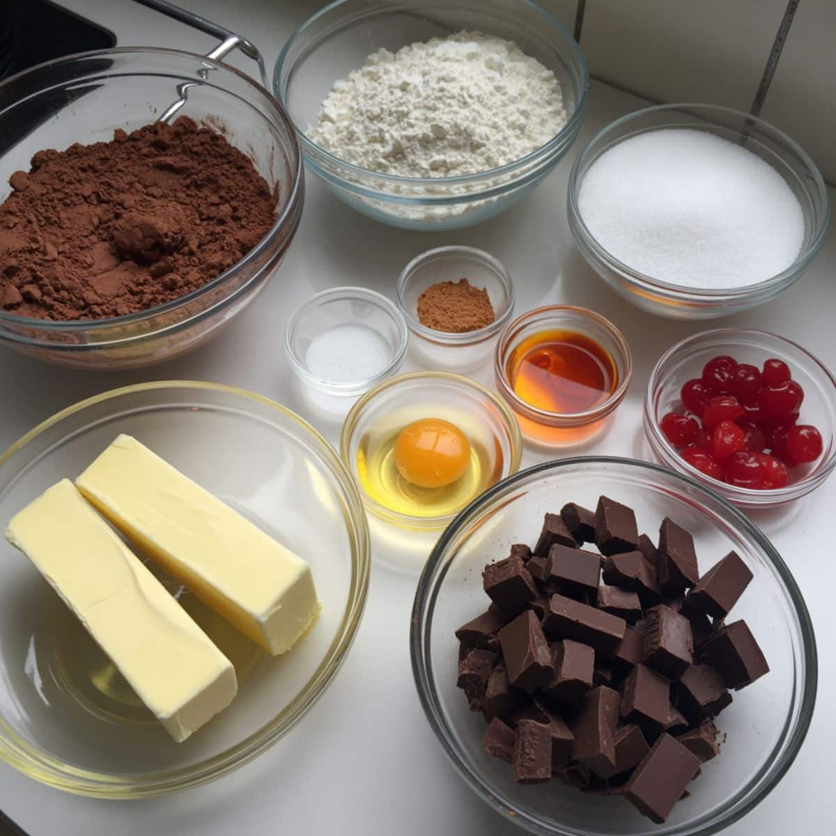 Overhead view of ingredients for homemade Black Forest cookies including cocoa, flour, butter, sugar, eggs, cherries, and chocolate chunks on a white kitchen counter in glass bowls.