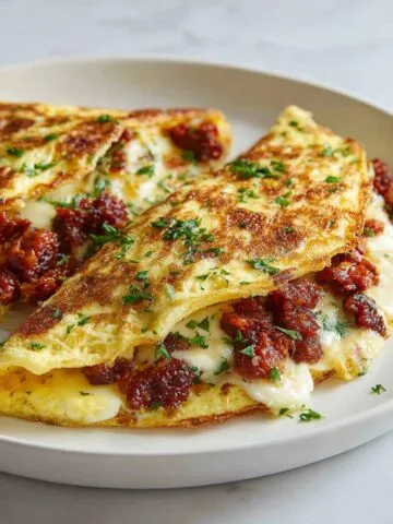 Homemade chorizo omelette recipe with melted cheese and crispy sausage on a white plate, photographed from above on a white kitchen counter.