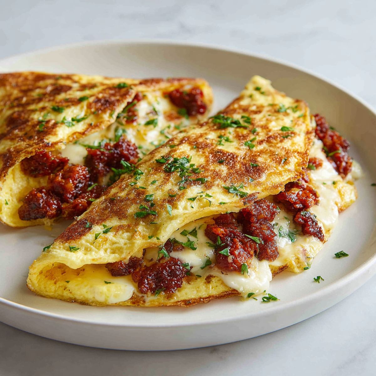 Homemade chorizo omelette recipe with melted cheese and crispy sausage on a white plate, photographed from above on a white kitchen counter.