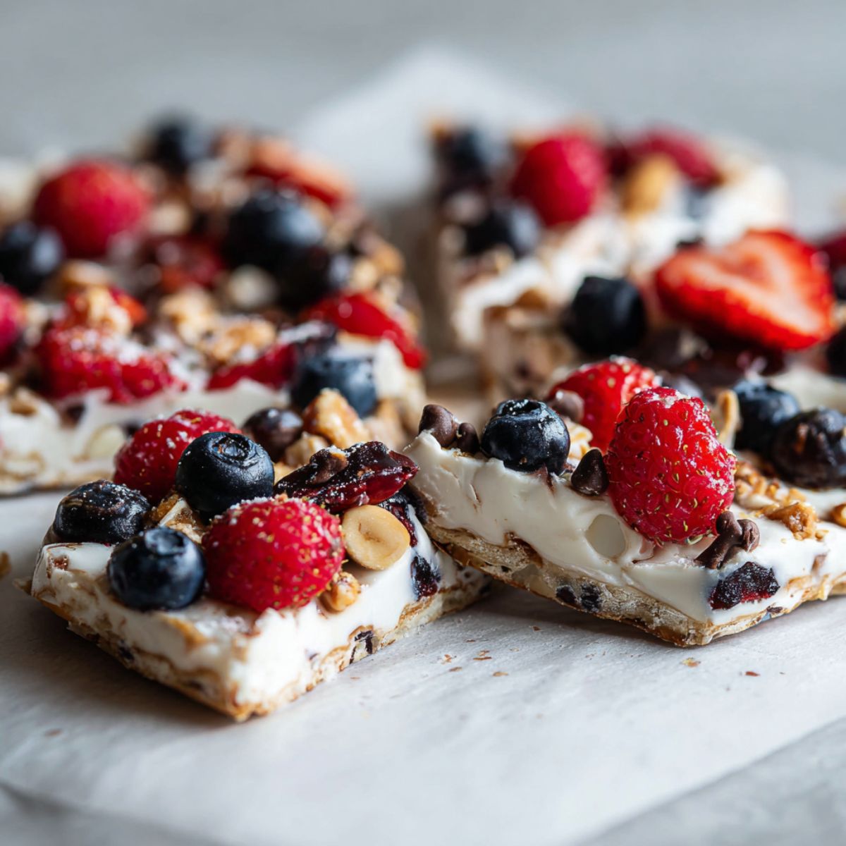 Homemade frozen yogurt bark recipe with berries and granola on parchment paper, broken into rustic pieces, viewed from above on a white kitchen counter
