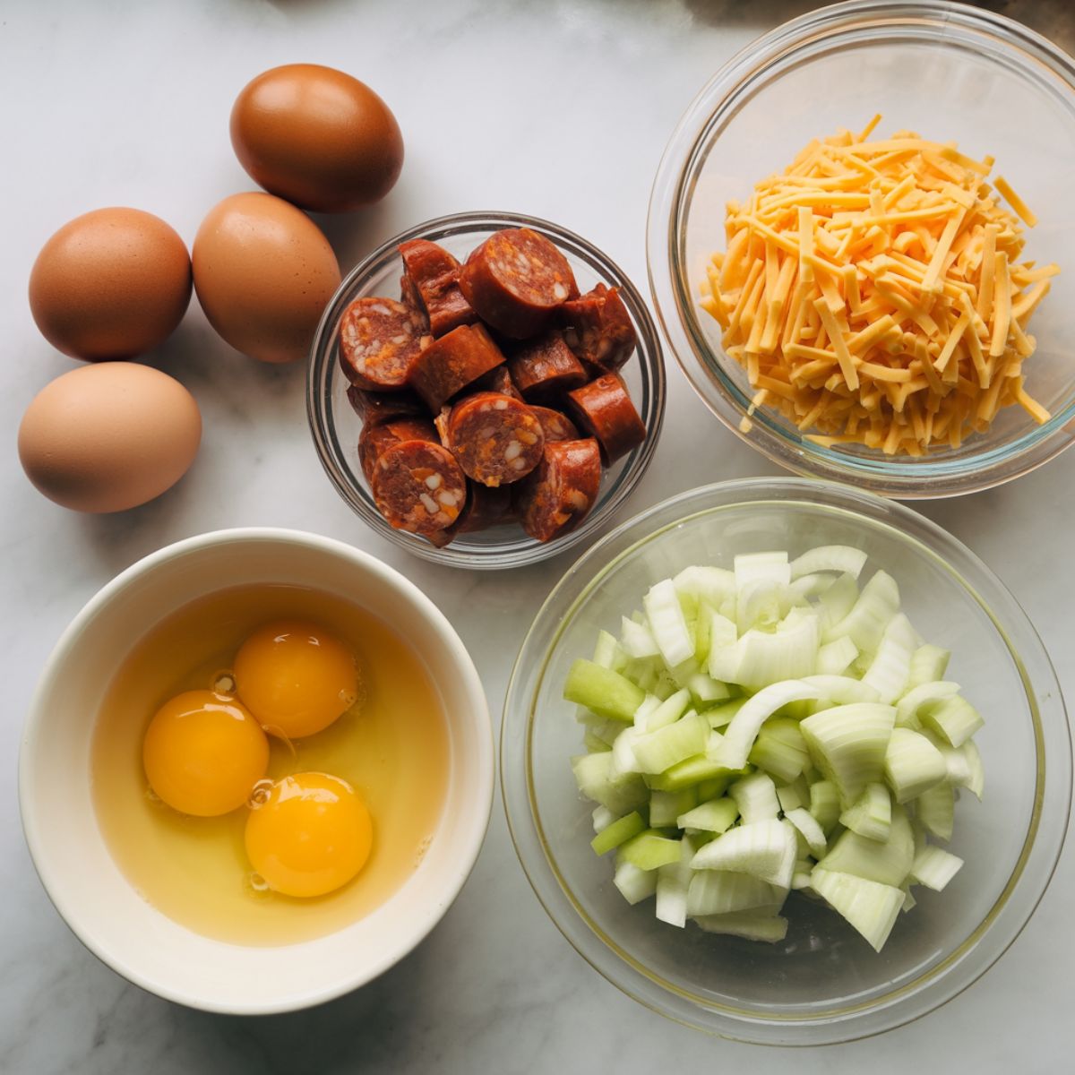 Raw ingredients for a chorizo omelette, including eggs, diced chorizo, grated cheese, onion, and bell pepper, displayed on a white kitchen counter from above.