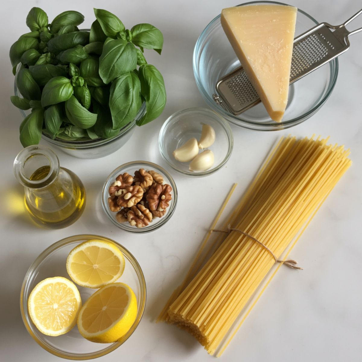 Overhead flat lay of raw walnut pesto ingredients including basil, garlic, walnuts, Parmesan, olive oil, and spaghetti on a white kitchen counter