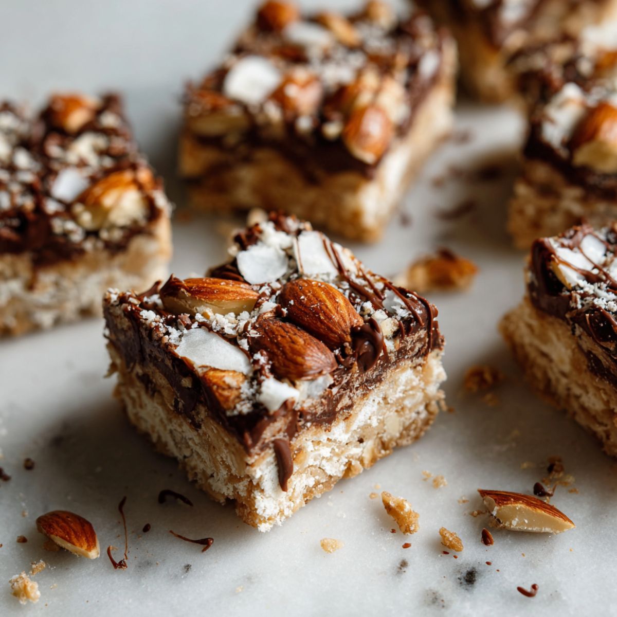 Overhead view of homemade Almond Joy bars recipe cut into rustic squares on a white marble counter with crumbs and chocolate smudges.