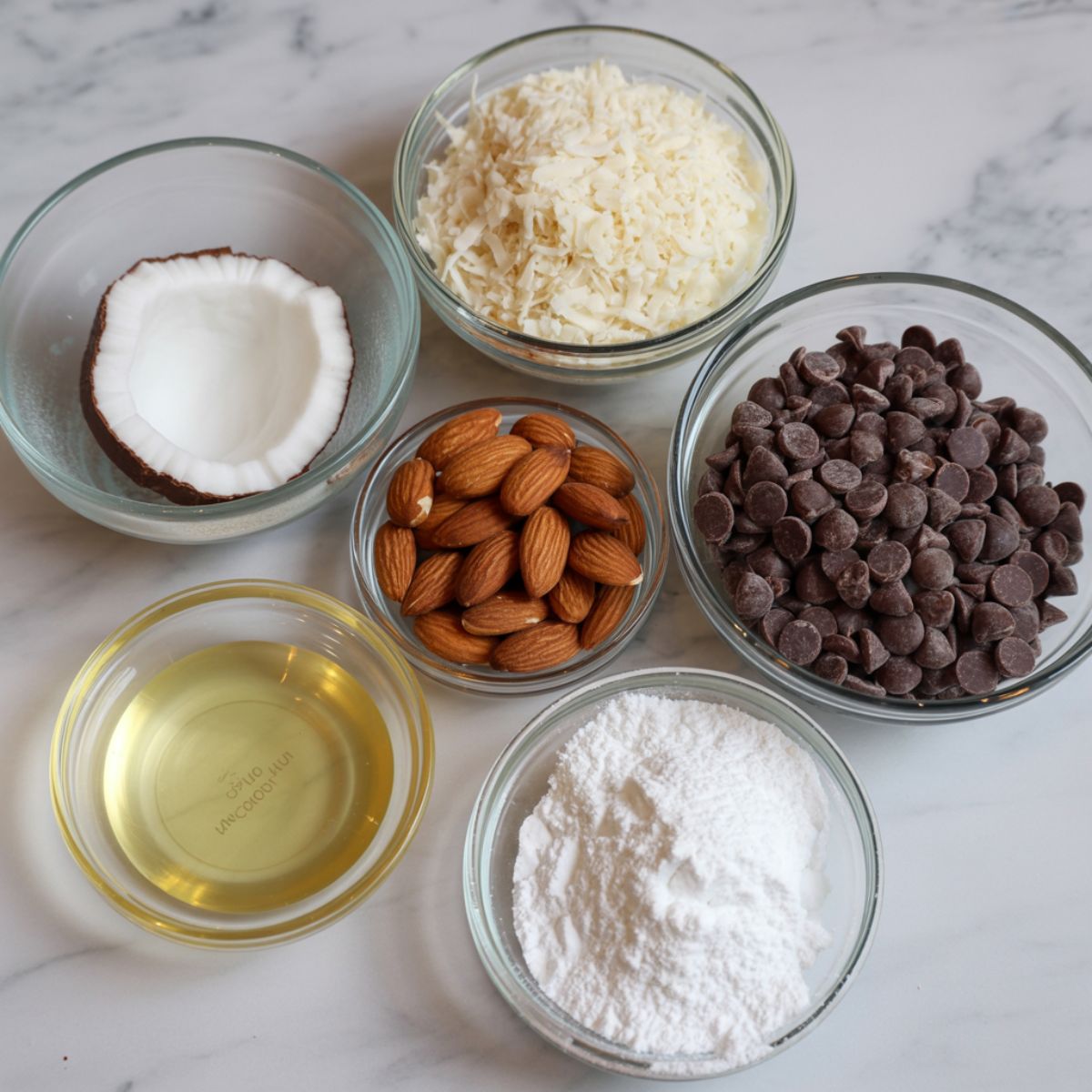 Overhead photo of Almond Joy bar ingredients including coconut, almonds, chocolate chips, coconut oil, and sugar on a white marble counter.