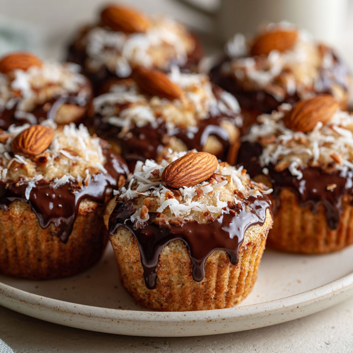 Overhead view of homemade Almond Joy cupcakes recipe with chocolate ganache, coconut filling, and almonds on a white kitchen counter.