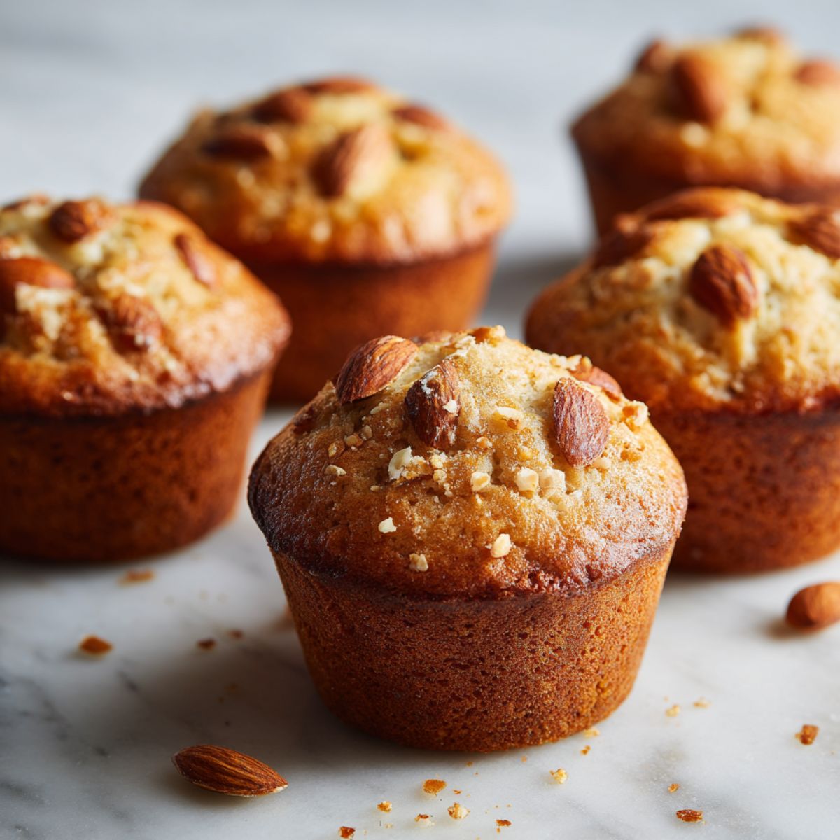 Overhead shot of homemade almond muffins recipe on a white marble kitchen counter with crumbs, rustic and cozy feel.