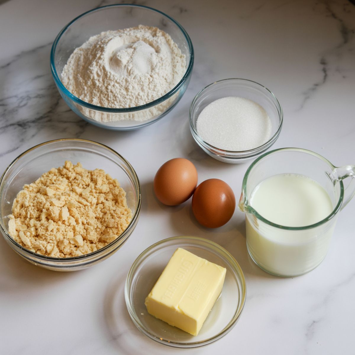 Overhead view of almond muffin ingredients on a white marble counter in glass bowls with a natural homemade look.