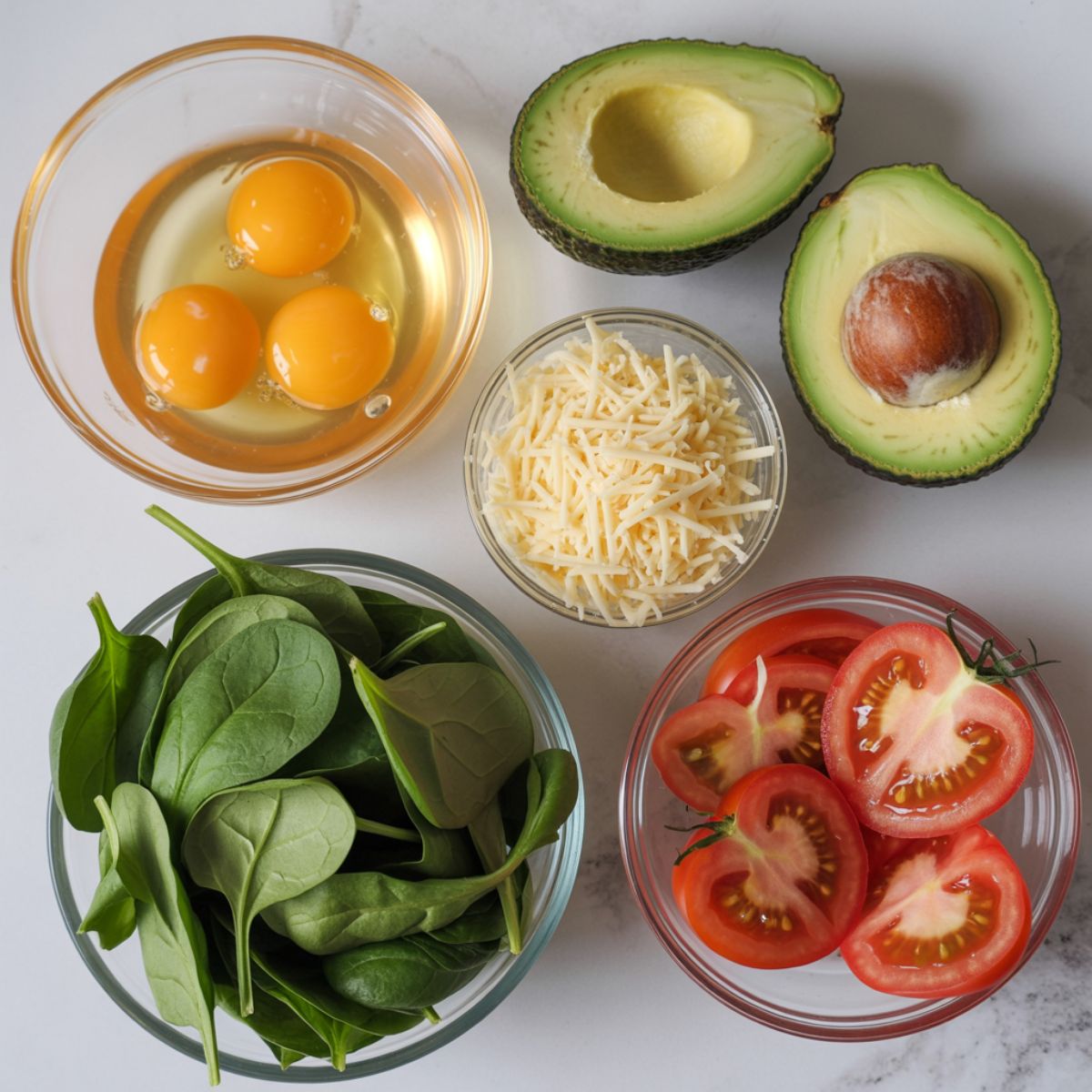 Fresh ingredients for avocado omelette including eggs, avocado halves, spinach, cheese, and tomato on a white kitchen counter, shot from above.