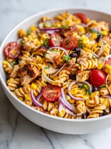 Homemade BBQ chicken pasta salad recipe with pasta, grilled chicken, corn, beans, and veggies in a large white bowl on a kitchen counter, overhead shot.