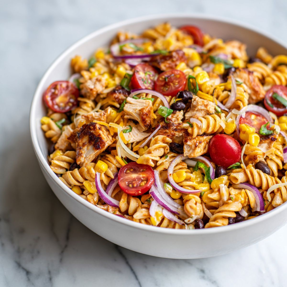 Homemade BBQ chicken pasta salad recipe with pasta, grilled chicken, corn, beans, and veggies in a large white bowl on a kitchen counter, overhead shot.
