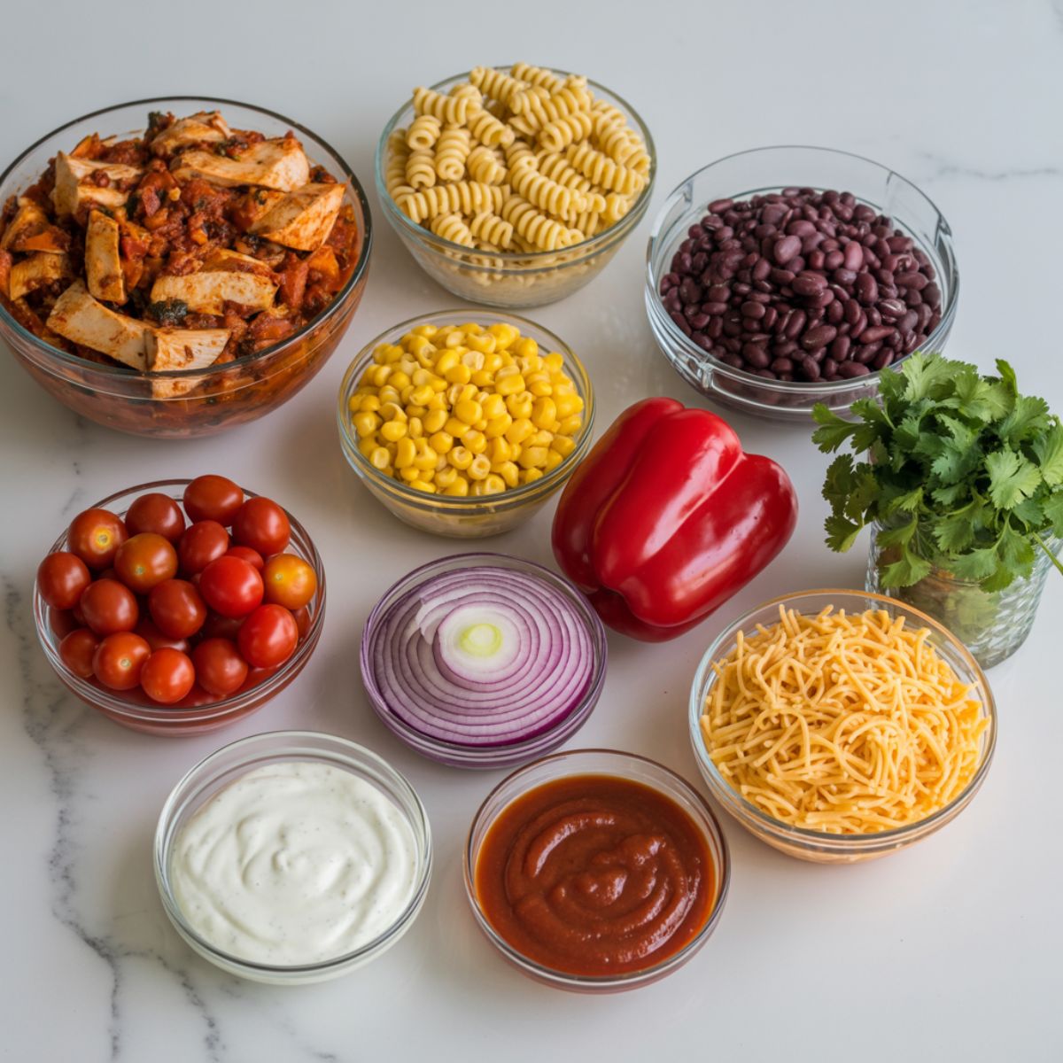 Overhead photo of BBQ chicken pasta salad ingredients like pasta, chicken, corn, beans, cheese, and vegetables laid out on a white kitchen counter.