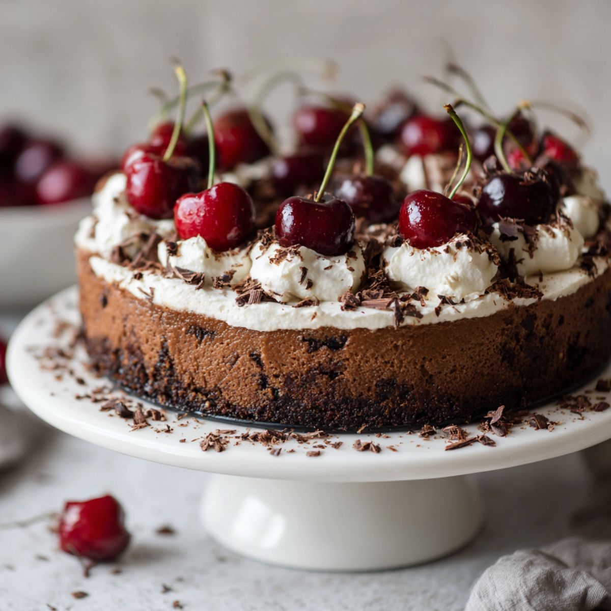 Homemade Black Forest Cheesecake Recipe topped with cherries, cream, and chocolate shavings on a white kitchen counter, photographed from above.