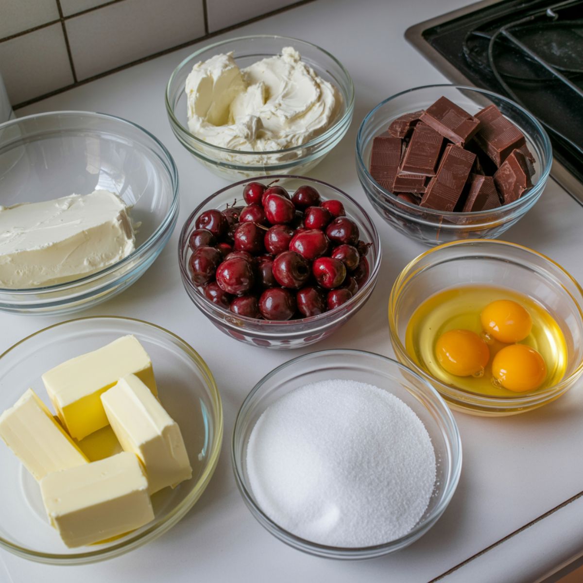 Overhead view of Black Forest Cheesecake ingredients on a white counter, including cream cheese, cherries, chocolate, eggs, and sugar in glass bowls.